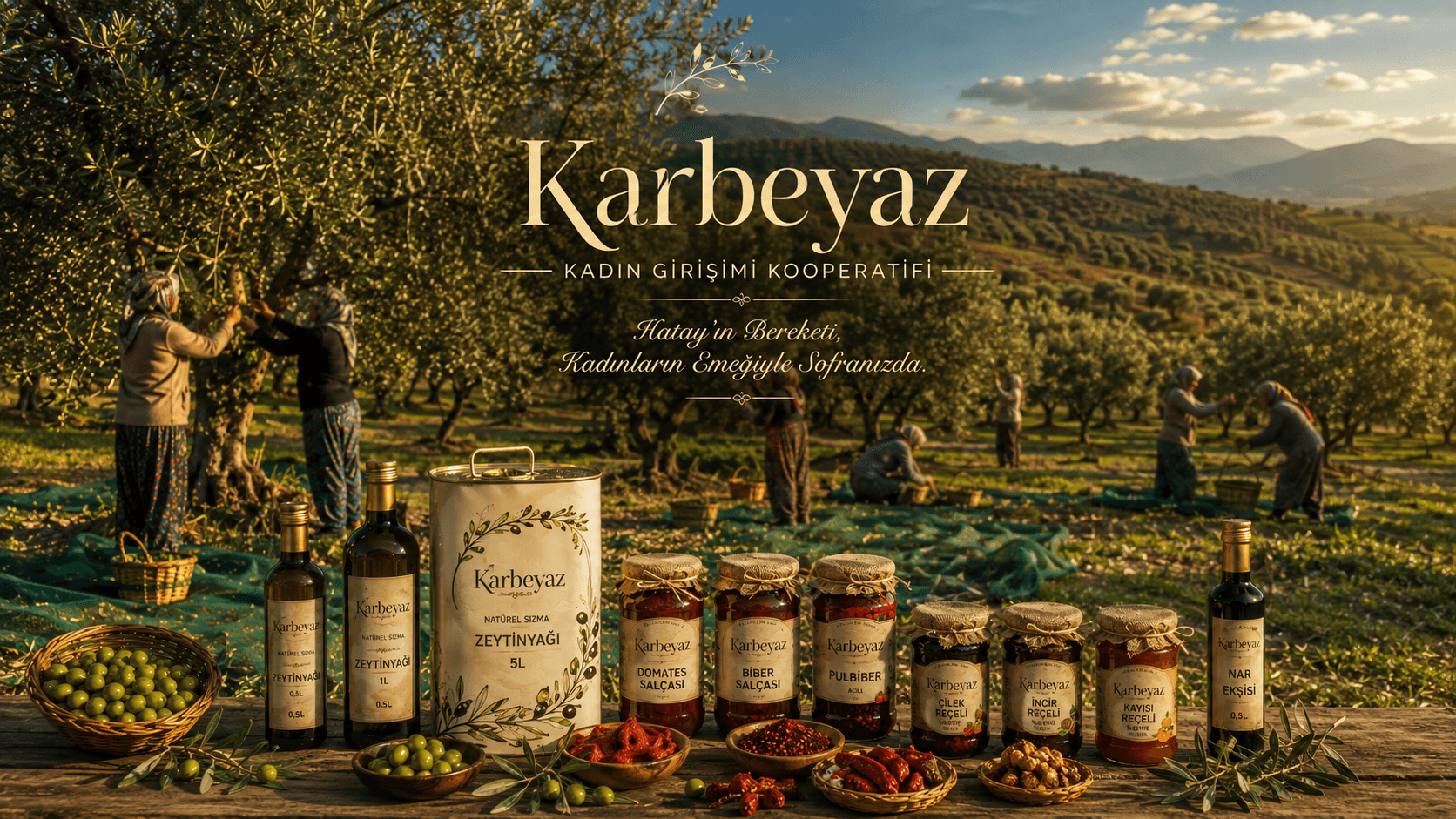 Hatay zeytinliğinde kadın emeğiyle üretilen zeytinyağı, zeytin, salça, pul biber ve reçel çeşitleri